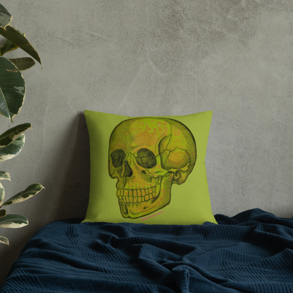 Green Skull design by Kirsten Blackburn on 18x18 inch premium decorative pillow
