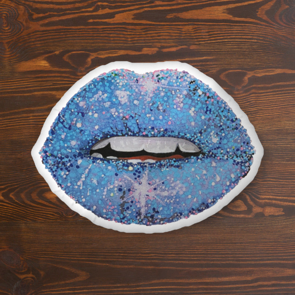 Blue glitter lips design by Kirsten Blackburn on 22x16 inch custom shaped pillow