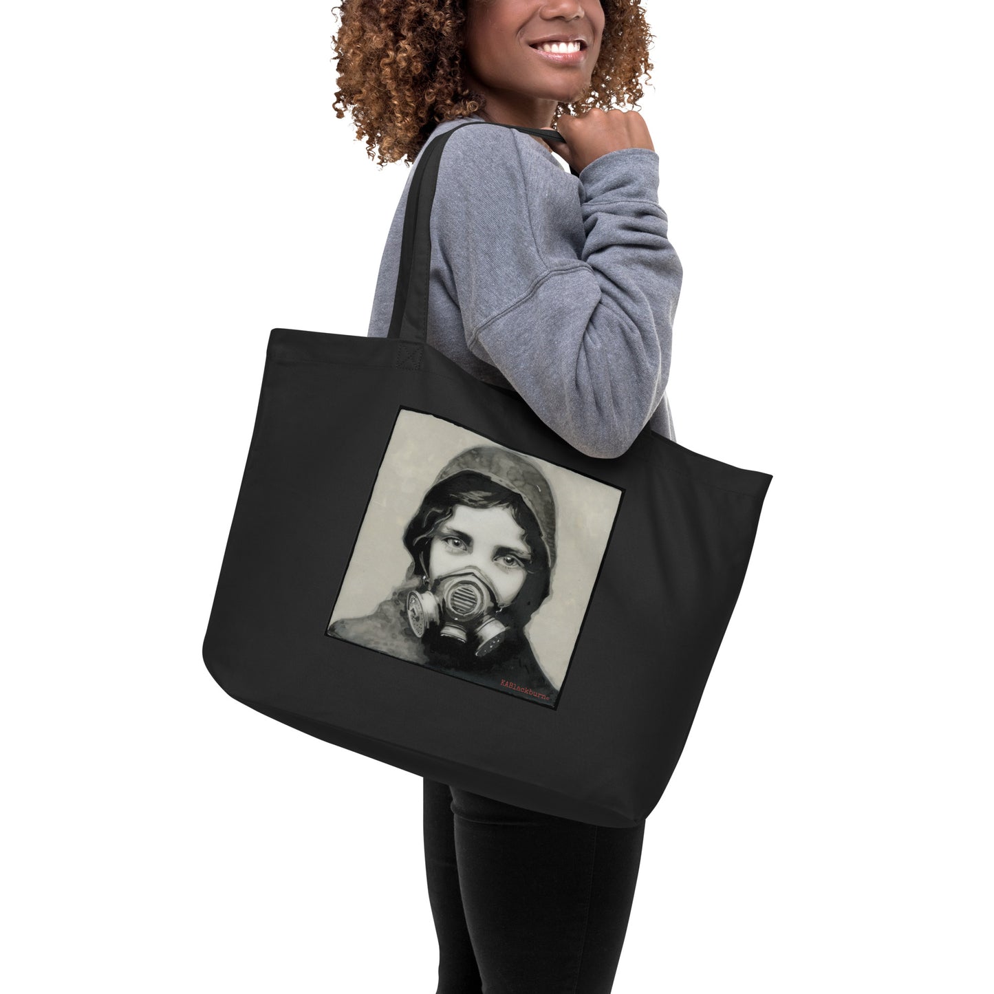 Inhale Exile design by Kirsten Blackburn on large black organic cotton tote bag