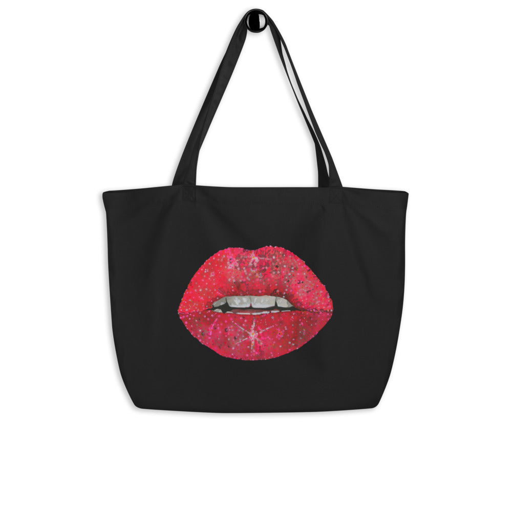 Red Glitter Lips design by Kirsten Blackburn on large organic tote bag