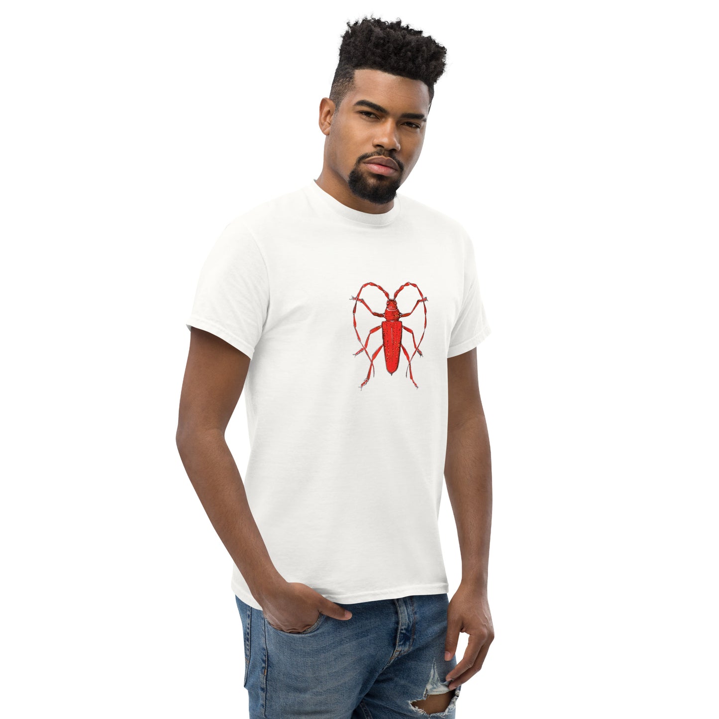 Red beetle graphic by Kirsten Blackburn printed on unisex cotton t-shirt