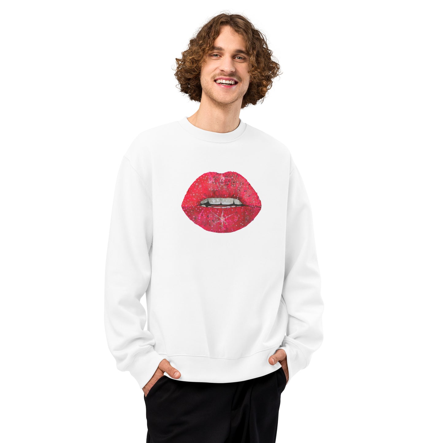 Red Glitter Lips design by Kirsten Blackburn on oversized heavyweight sweatshirt