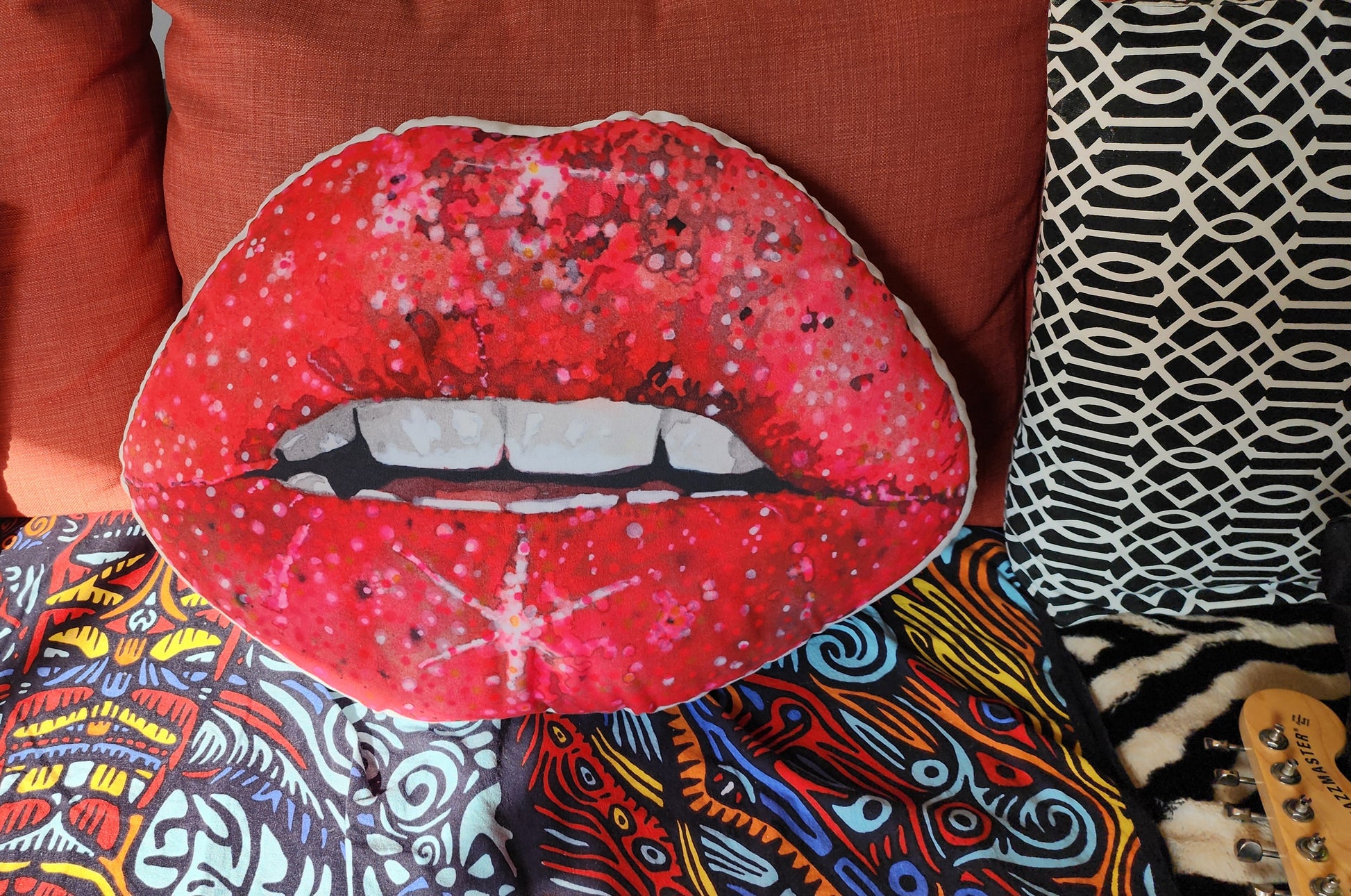 Red glitter lips design by Kirsten Blackburn on 22x16 inch custom shaped pillow