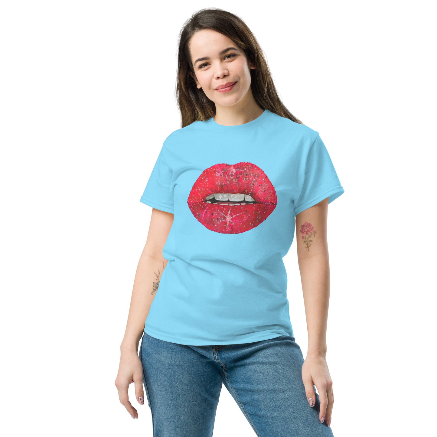 Red glitter lips graphic by Kirsten Blackburn printed on unisex cotton t-shirt