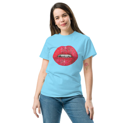 Red glitter lips graphic by Kirsten Blackburn printed on unisex cotton t-shirt