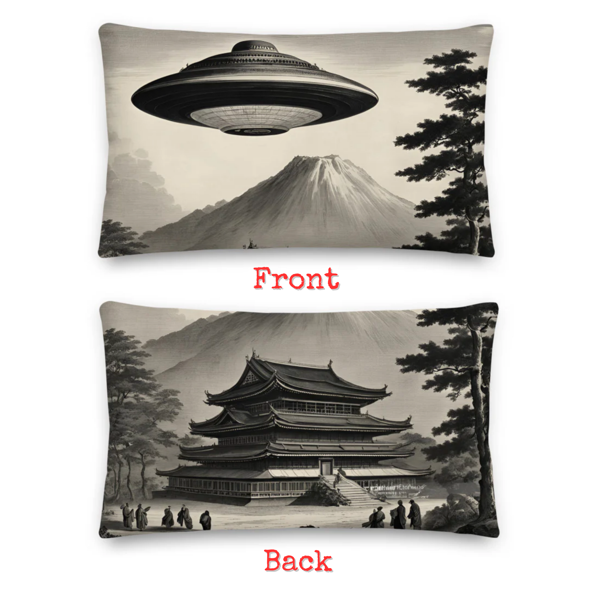 Temple UFO design by Kirsten Blackburn on premium pillow 12x20