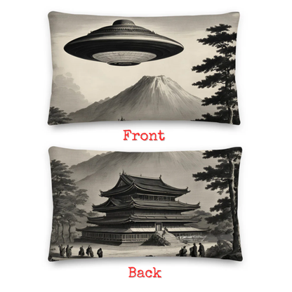 Temple UFO design by Kirsten Blackburn on premium pillow 12x20