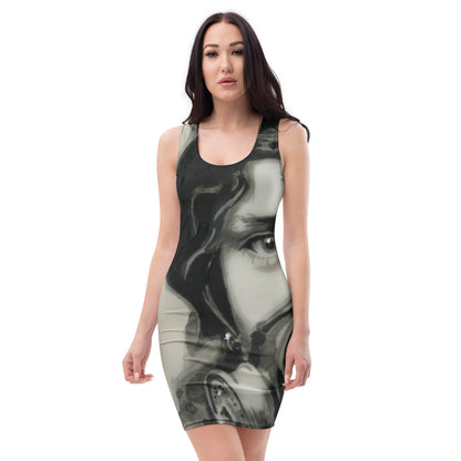 Inhale Exile design by Kirsten Blackburn on fitted bodycon dress