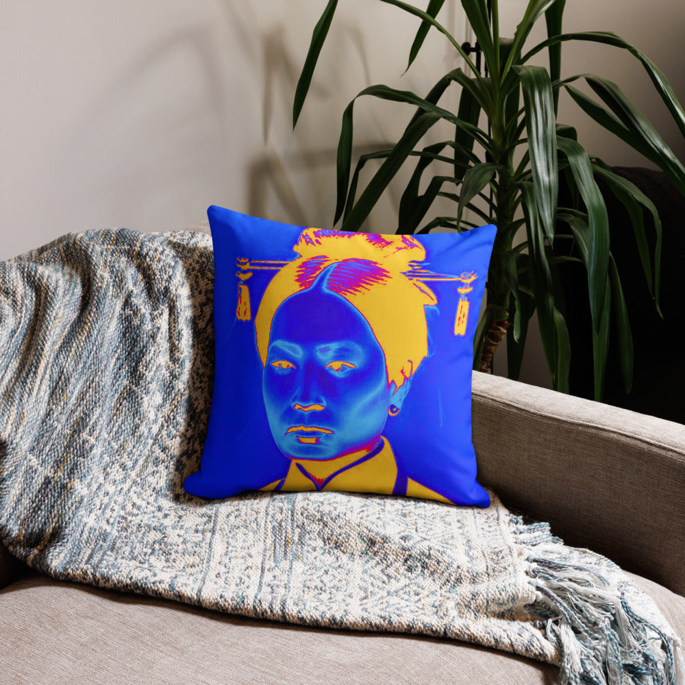 Blue Auntie design by Kirsten Blackburn on premium pillow 18 x 18 