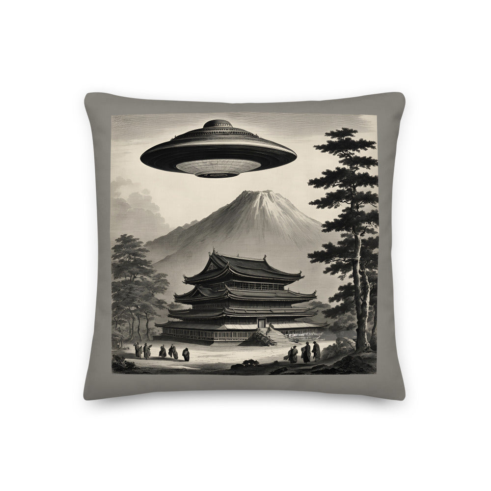 Temple UFO design by Kirsten Blackburn on premium pillow 18" x 18"