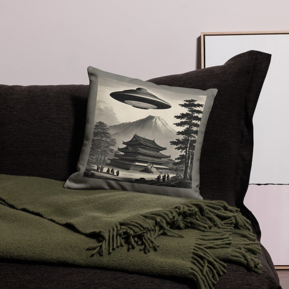 Temple UFO design by Kirsten Blackburn on premium pillow 18" x 18"