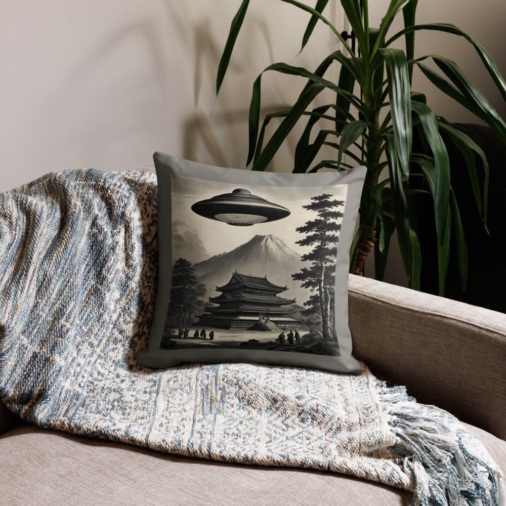 Temple UFO design by Kirsten Blackburn on premium pillow 18" x 18"