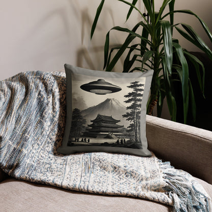 Temple UFO design by Kirsten Blackburn on premium pillow 18" x 18"