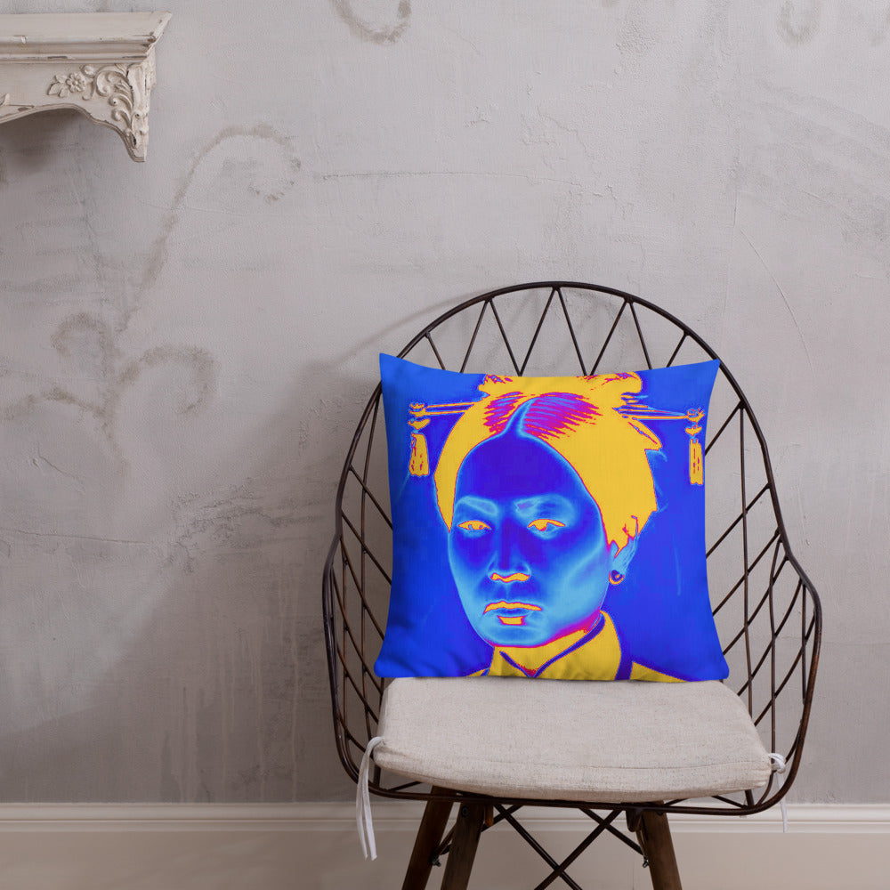 Blue Auntie design by Kirsten Blackburn on premium pillow 18 x 18