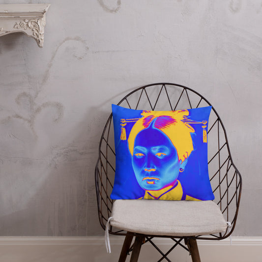 Blue Auntie design by Kirsten Blackburn on premium pillow 18 x 18