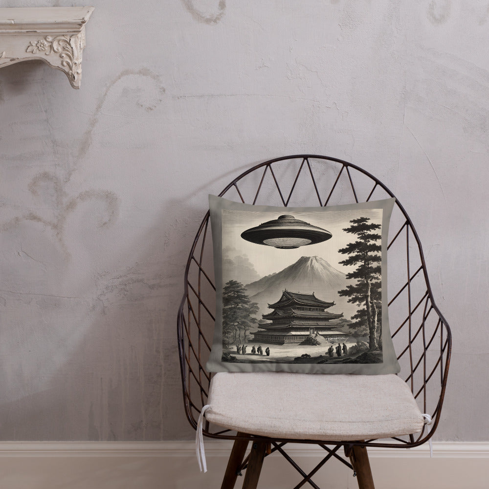 Temple UFO design by Kirsten Blackburn on premium pillow 18" x 18"