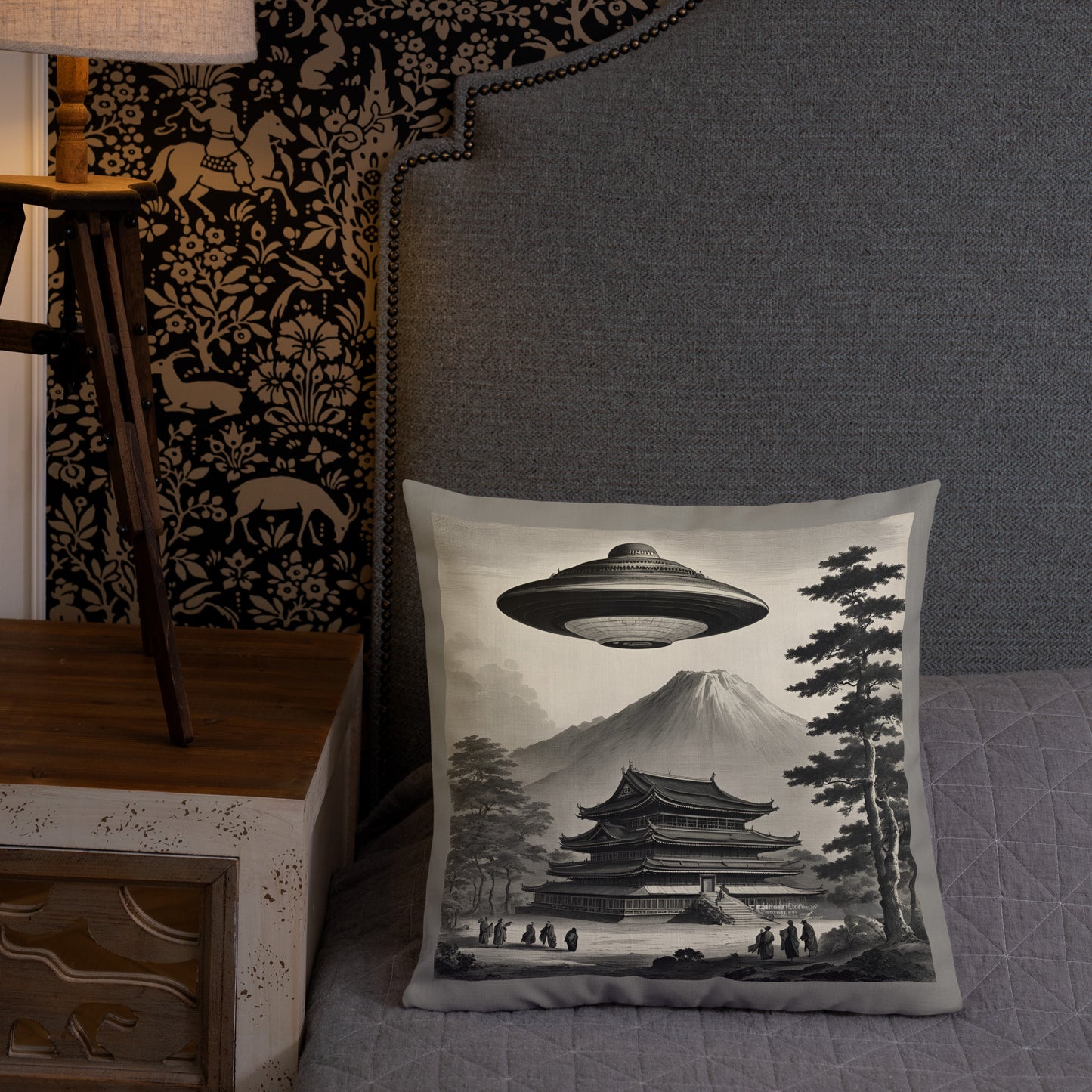 Temple UFO design by Kirsten Blackburn on premium pillow 18" x 18"