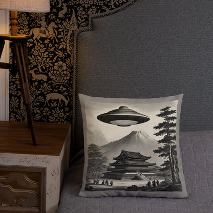 Temple UFO design by Kirsten Blackburn on premium pillow 18" x 18"