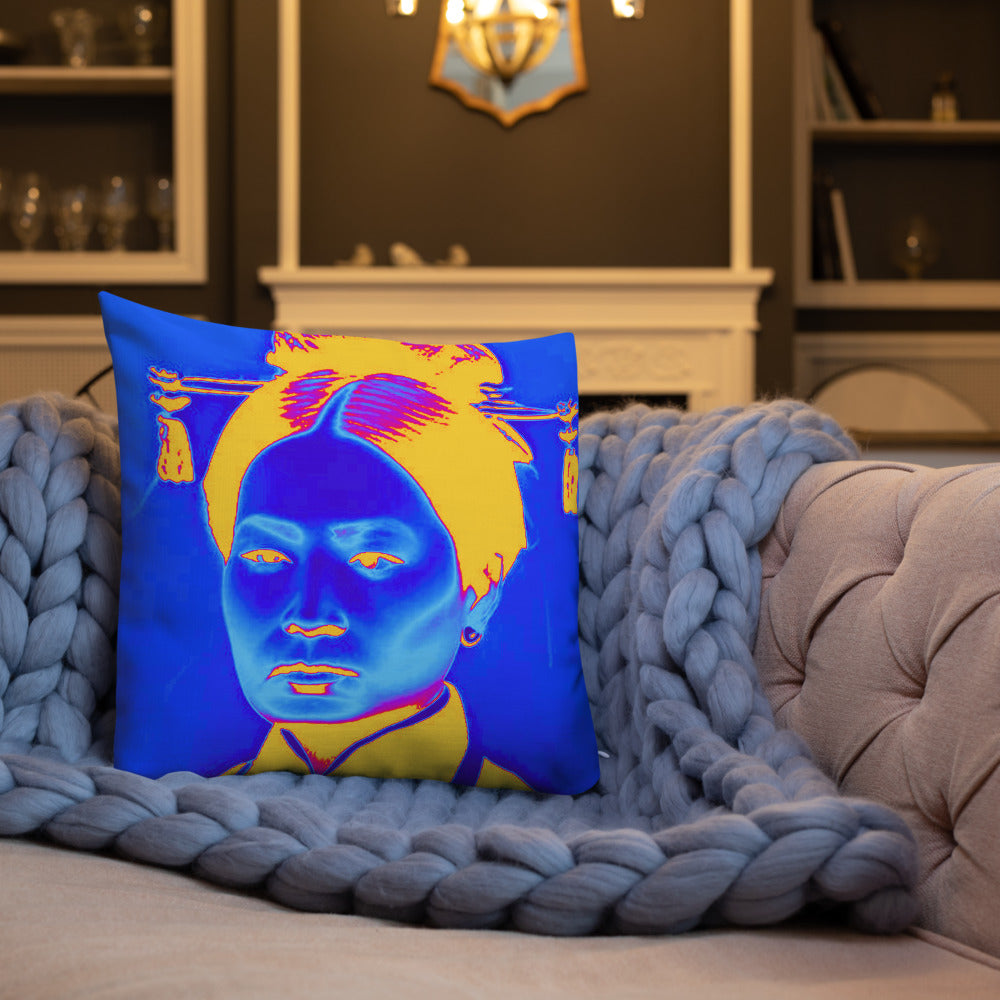 Blue Auntie design by Kirsten Blackburn on premium pillow 18 x 18