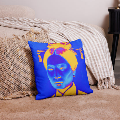 Blue Auntie design by Kirsten Blackburn on premium pillow 18 x 18