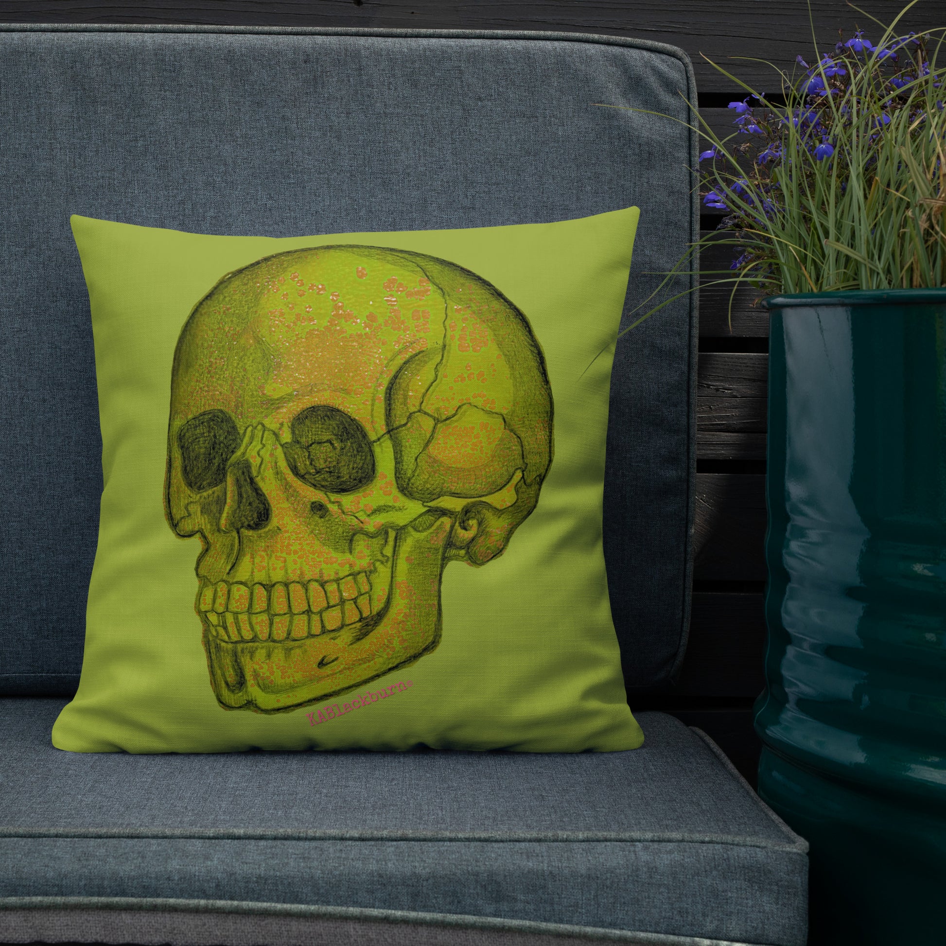 Green Skull design by Kirsten Blackburn on 18x18 inch premium decorative pillow