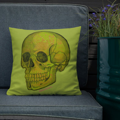 Green Skull design by Kirsten Blackburn on 18x18 inch premium decorative pillow