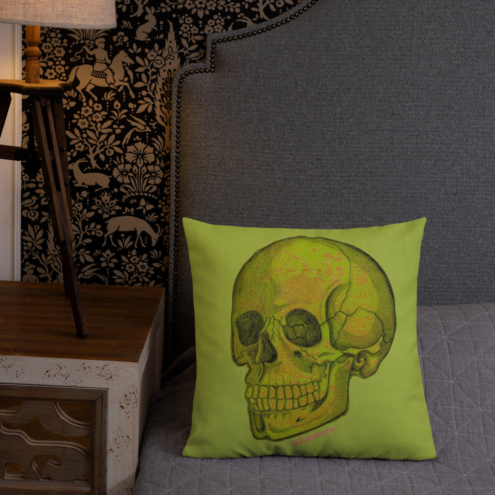Green Skull design by Kirsten Blackburn on 18x18 inch premium decorative pillow
