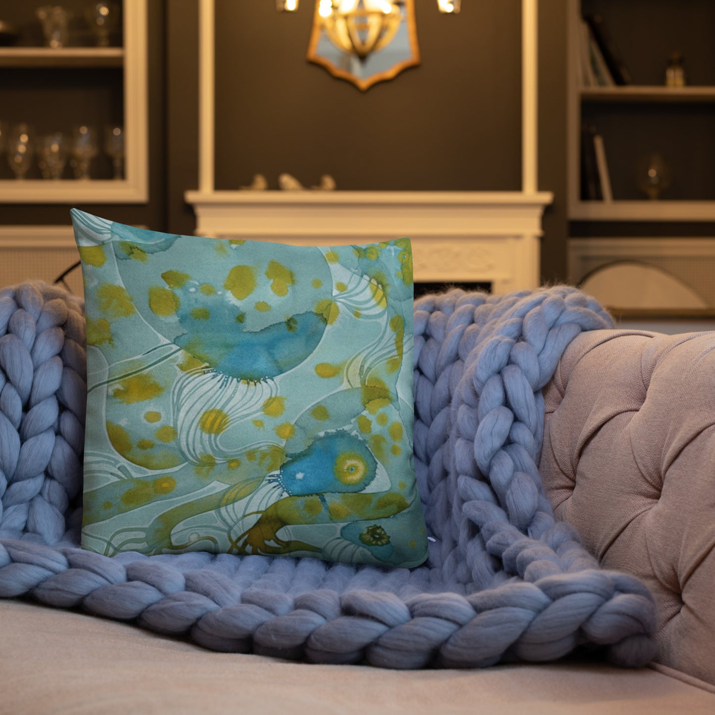 Bluewater design by Kirsten Blackburn on 18x18 inch premium decorative pillow