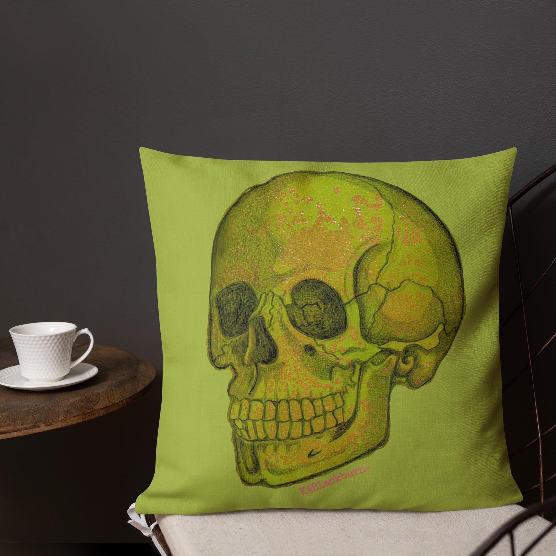 Green Skull design by Kirsten Blackburn on 18x18 inch premium decorative pillow