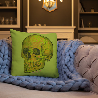 Green Skull design by Kirsten Blackburn on 18x18 inch premium decorative pillow