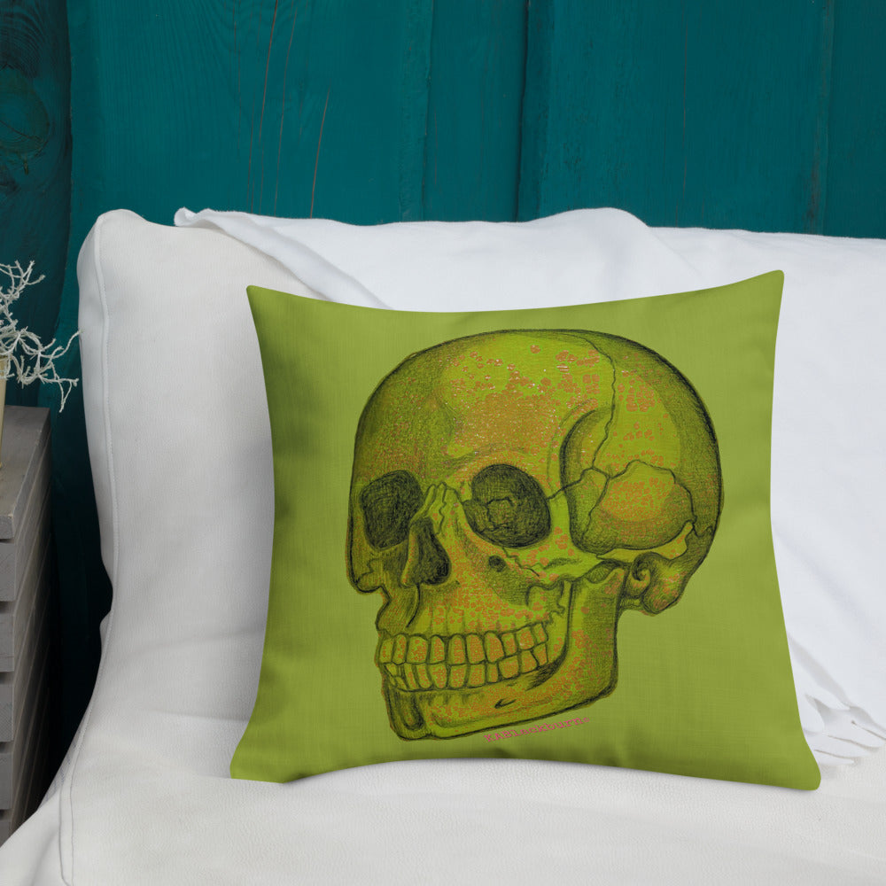 Green Skull design by Kirsten Blackburn on 18x18 inch premium decorative pillow