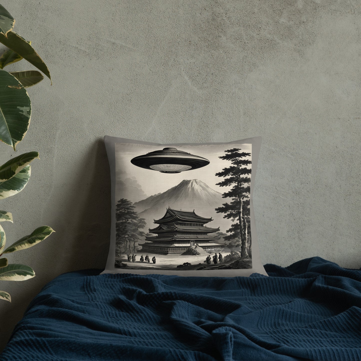 Temple UFO design by Kirsten Blackburn on premium pillow 18" x 18"
