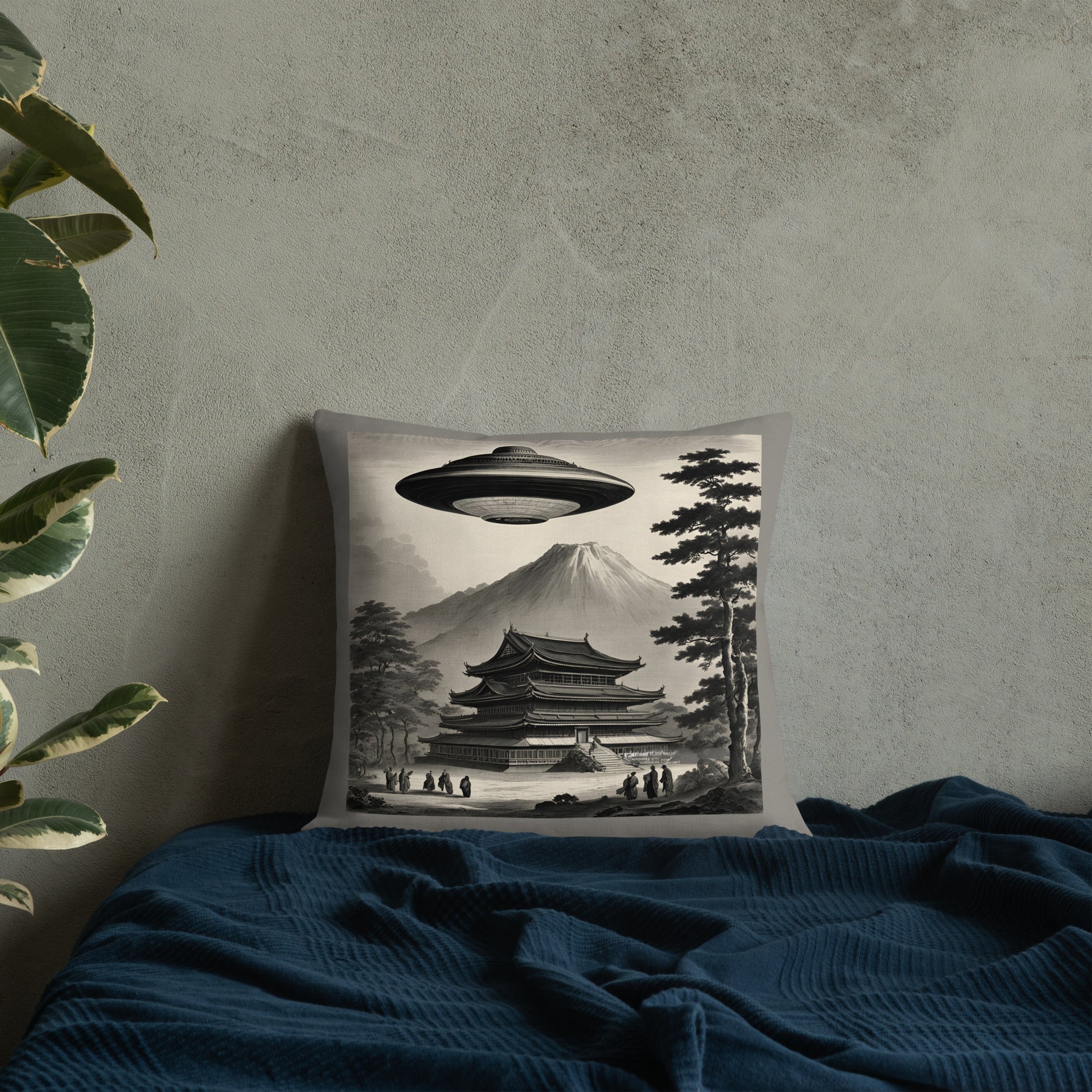 Temple UFO design by Kirsten Blackburn on premium pillow 18" x 18"