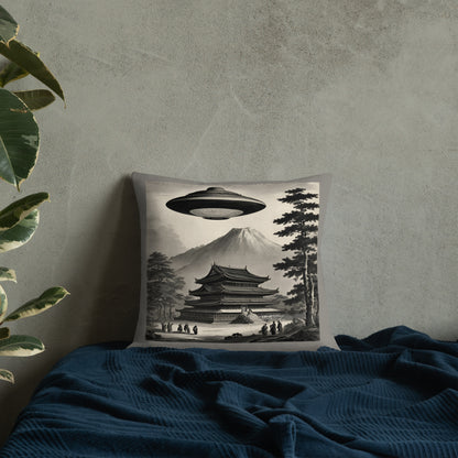 Temple UFO design by Kirsten Blackburn on premium pillow 18" x 18"