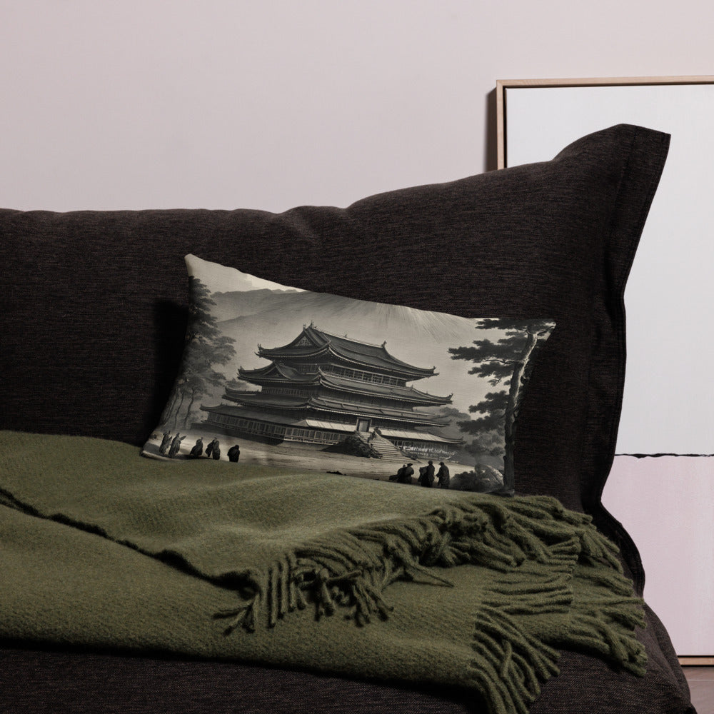 Temple UFO design by Kirsten Blackburn on premium pillow 12x20