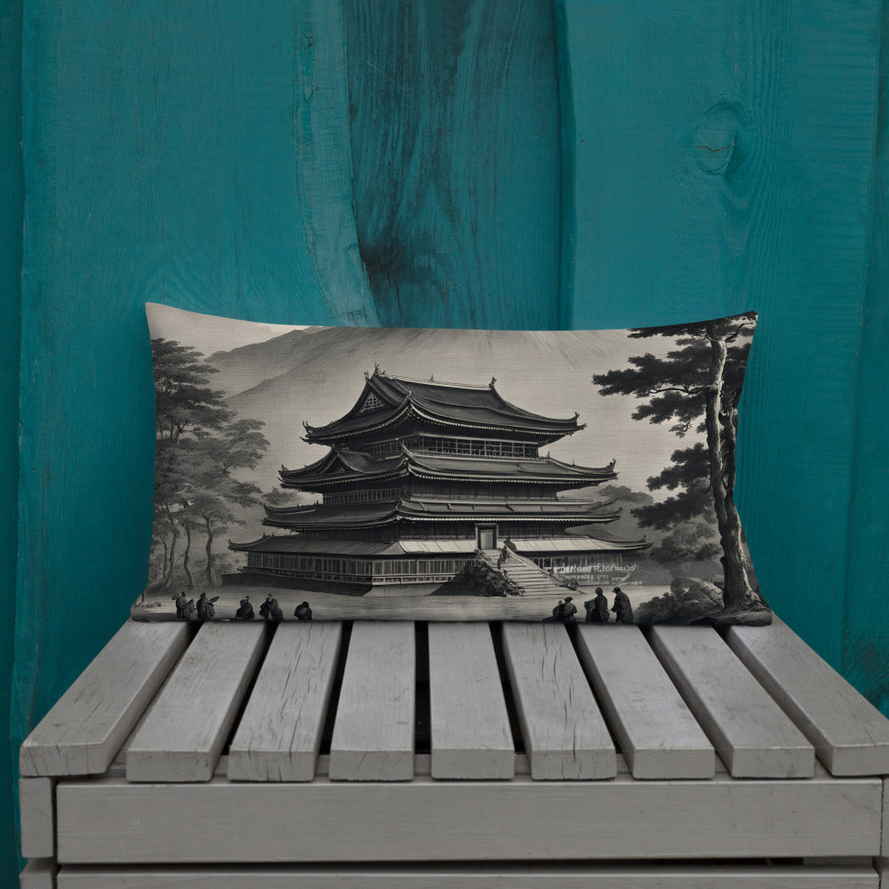Temple UFO design by Kirsten Blackburn on premium pillow 12x20