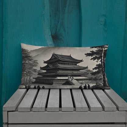 Temple UFO design by Kirsten Blackburn on premium pillow 12x20