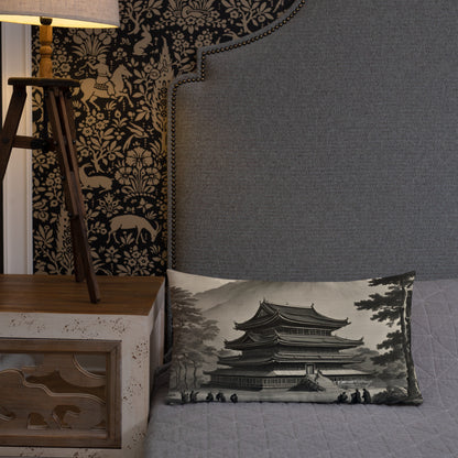 Temple UFO design by Kirsten Blackburn on premium pillow 12x20