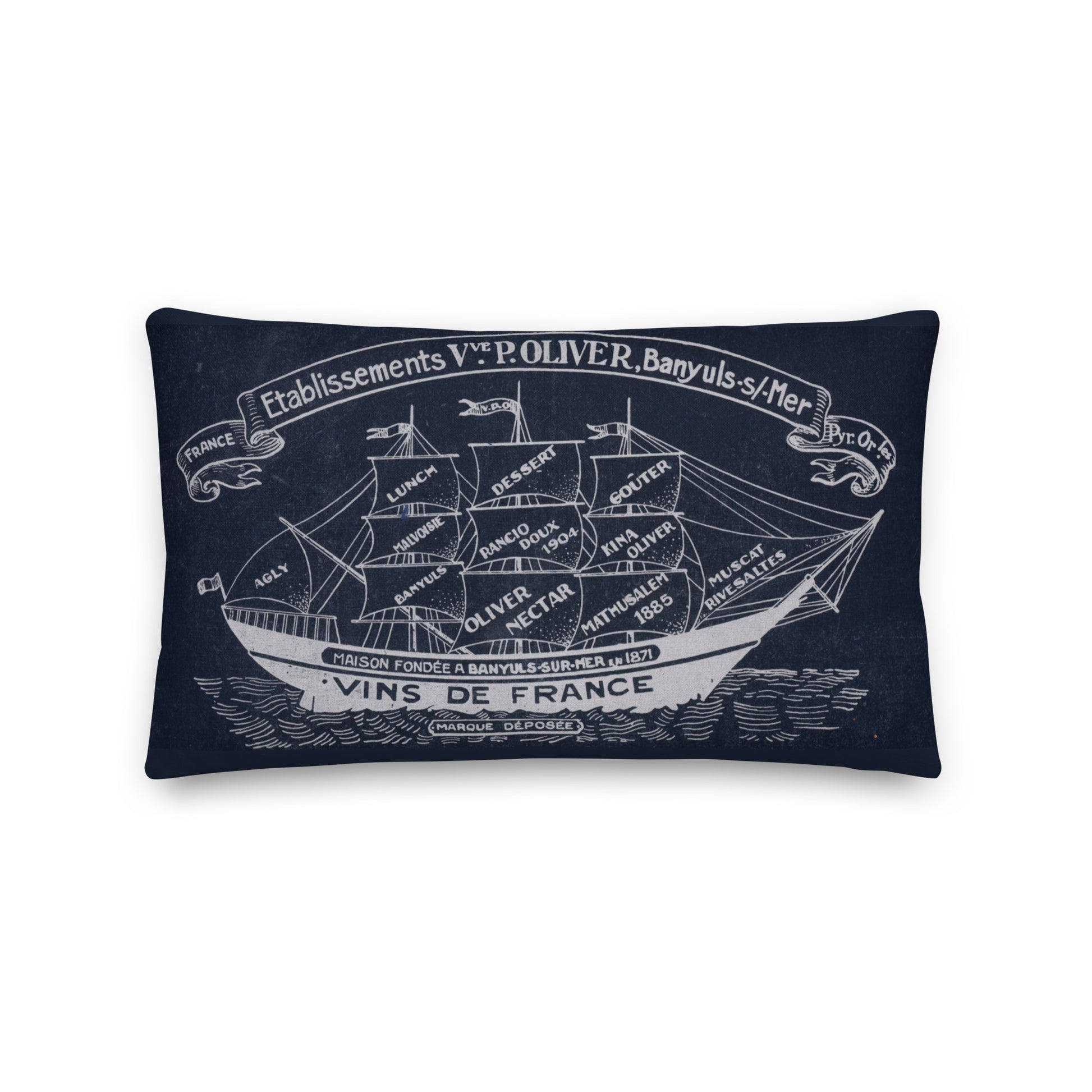 Vintage sailing ship design by Kirsten Blackburn on 20x12 inch premium decorative pillow