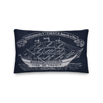 Vintage sailing ship design by Kirsten Blackburn on 20x12 inch premium decorative pillow