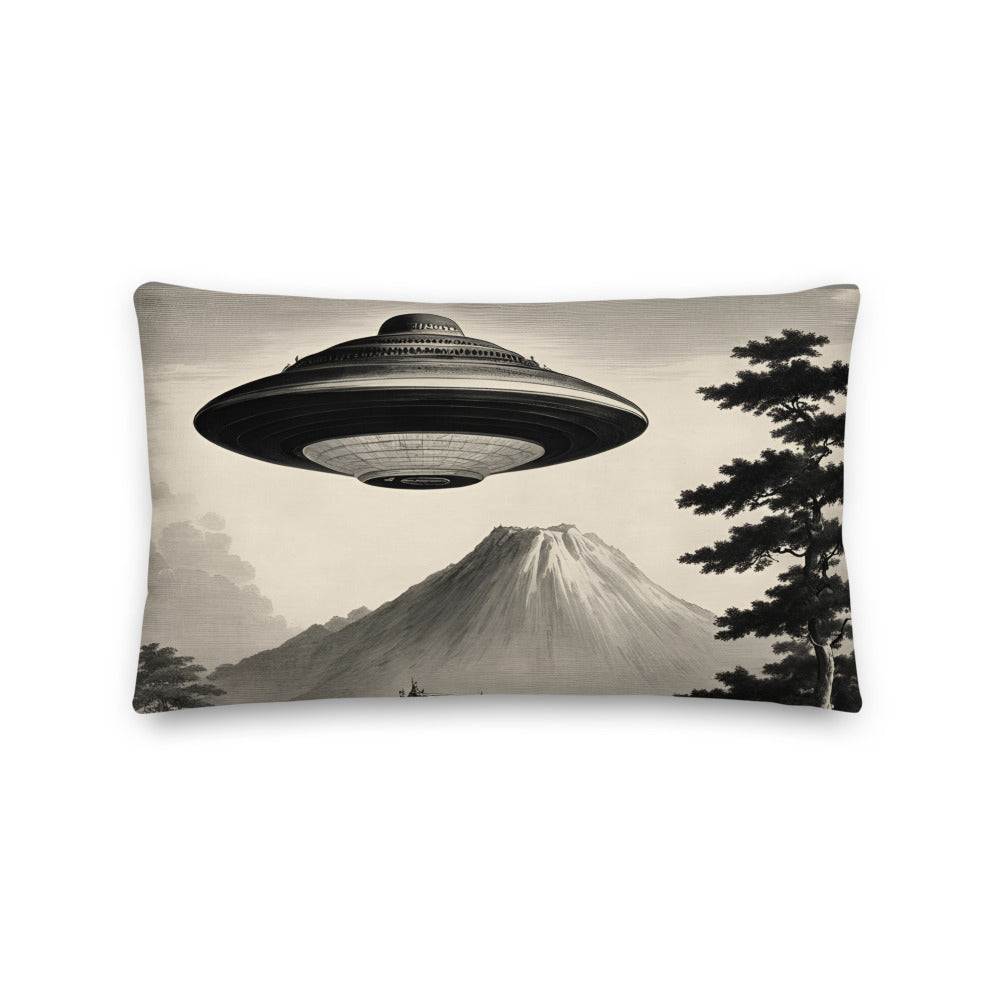 Temple UFO design by Kirsten Blackburn on premium pillow 12x20