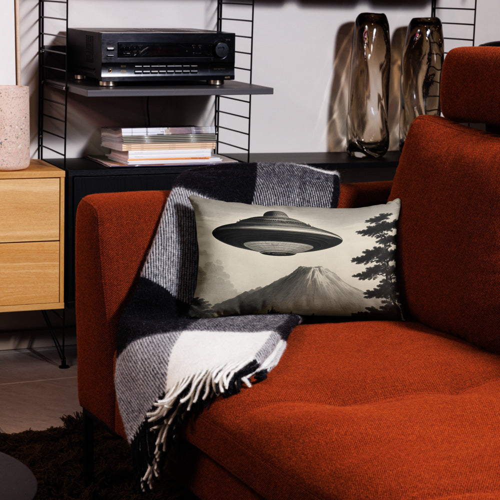 Temple UFO design by Kirsten Blackburn on premium pillow 12x20