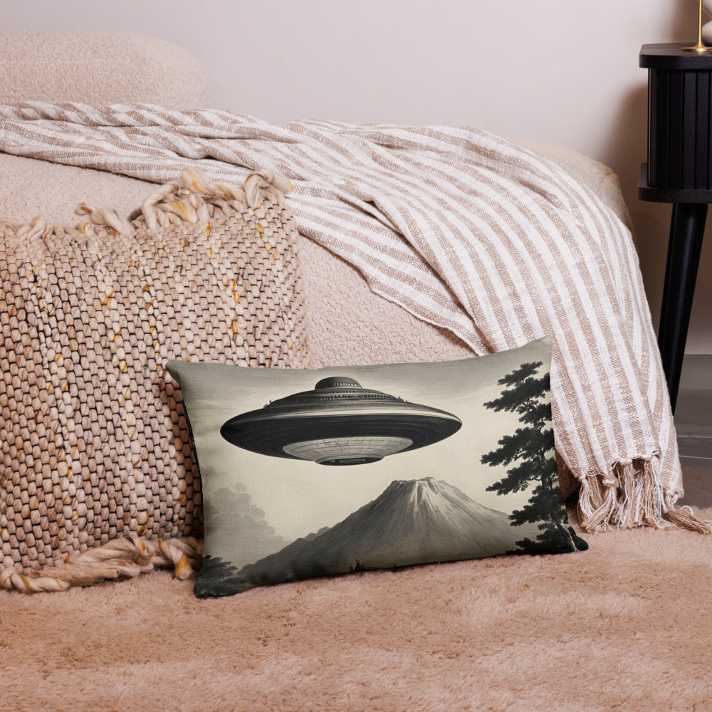 Temple UFO design by Kirsten Blackburn on premium pillow 12x20
