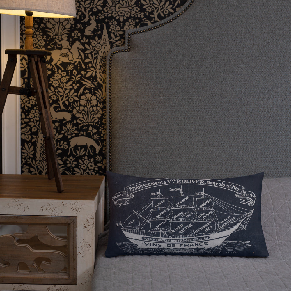 Vintage sailing ship design by Kirsten Blackburn on 20x12 inch premium decorative pillow