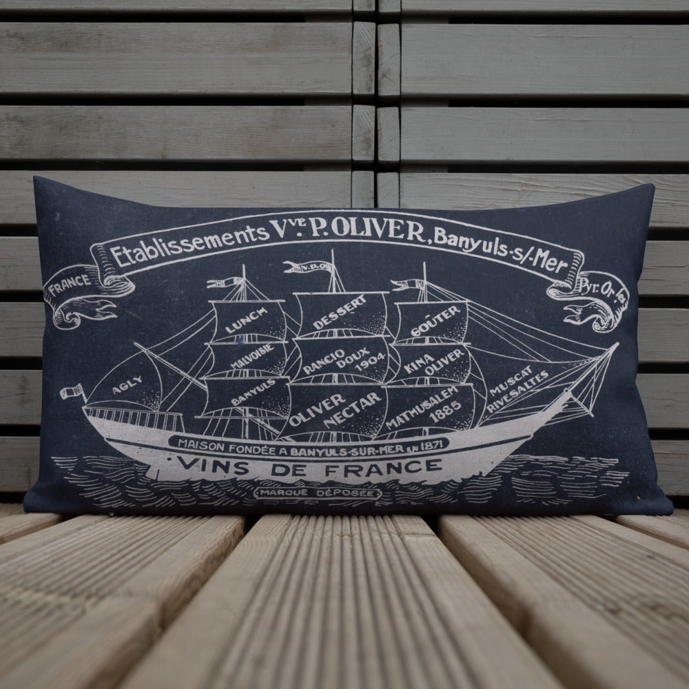 Vintage sailing ship design by Kirsten Blackburn on 20x12 inch premium decorative pillow