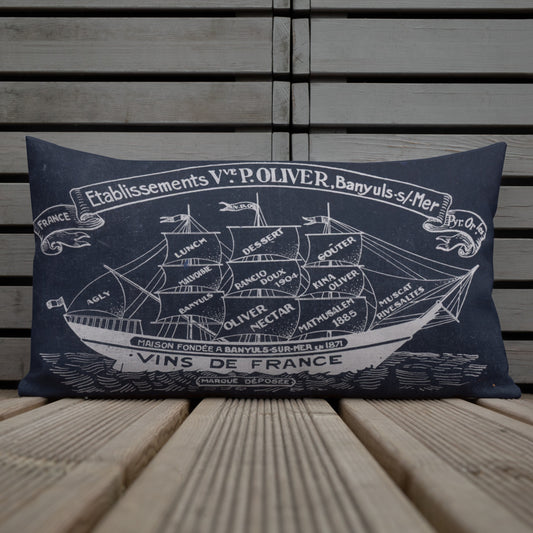 Vintage sailing ship design by Kirsten Blackburn on 20x12 inch premium decorative pillow