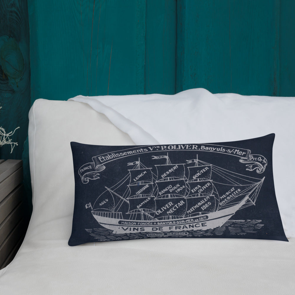 Vintage sailing ship design by Kirsten Blackburn on 20x12 inch premium decorative pillow