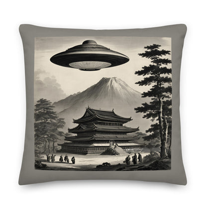 Temple UFO design by Kirsten Blackburn on premium pillow 22x22