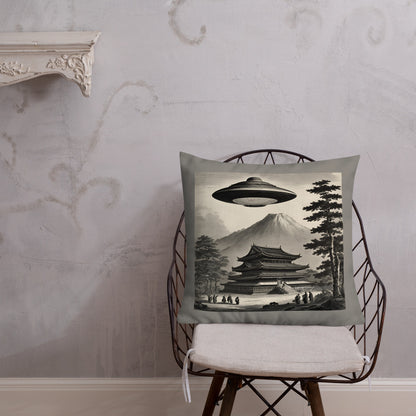 Temple UFO design by Kirsten Blackburn on premium pillow 22x22