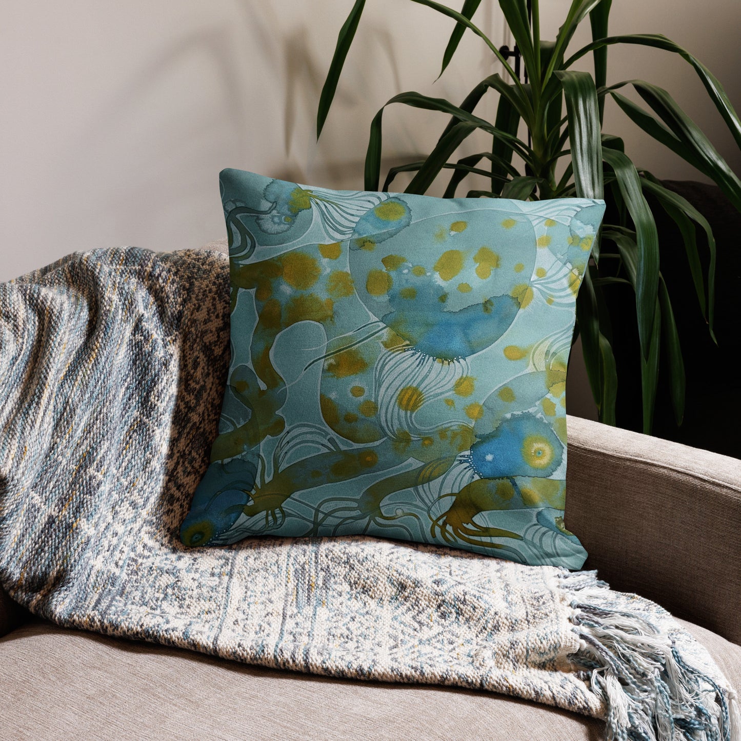 Bluewater design by Kirsten Blackburn on 22x22 inch premium decorative pillow